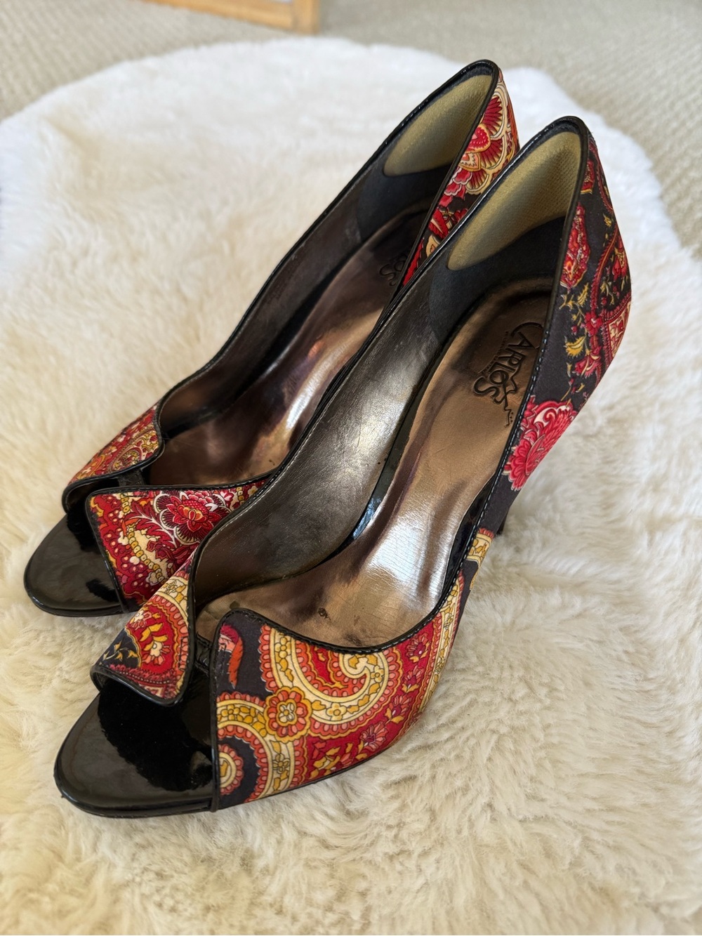 Carlos by Carlos Santana Satin Red Paisley Peep-Toe Heels with Black Trim